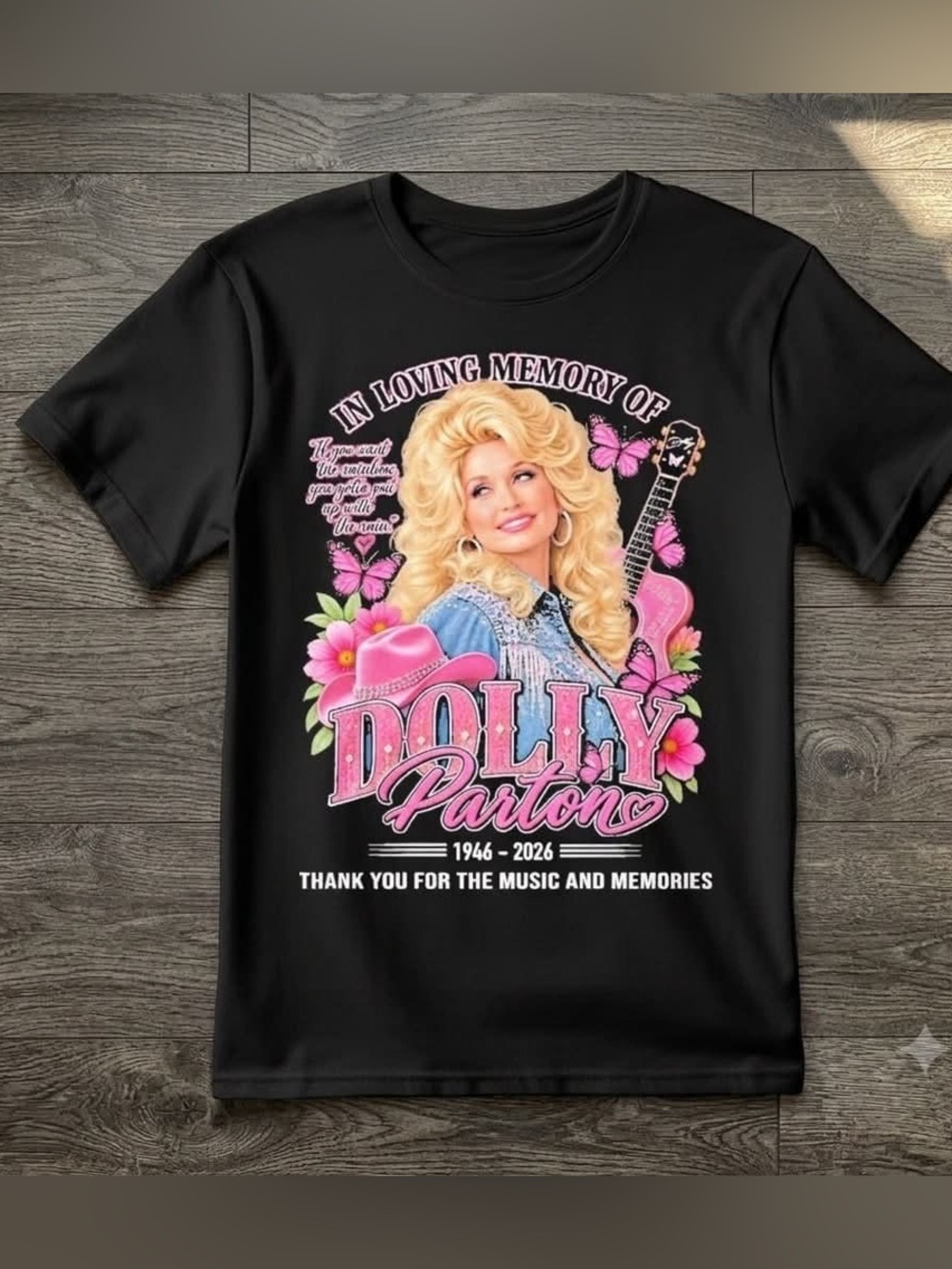 Gildan Black Tee with Pink & Gold Dolly Graphic